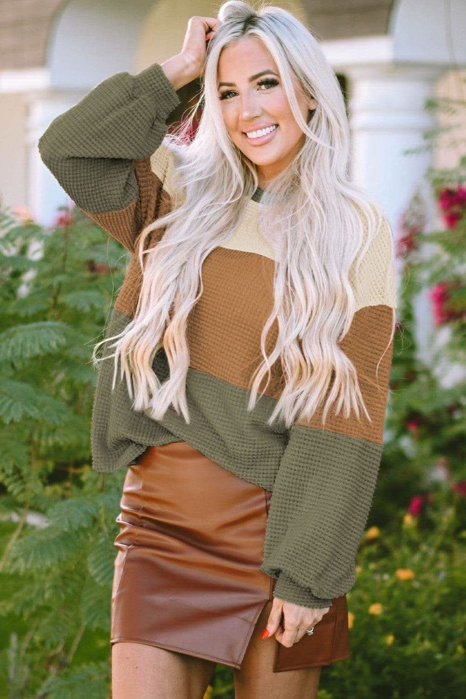 Waffle-Knit Color Block Round Neck Long Sleeve Blouse - SwagglyLife Home & Fashion